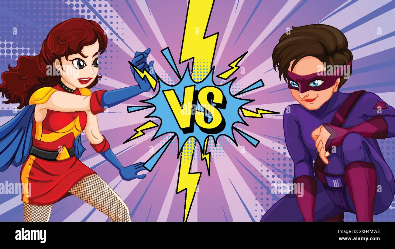 Two superheroes face off in a dynamic duel Stock Vector