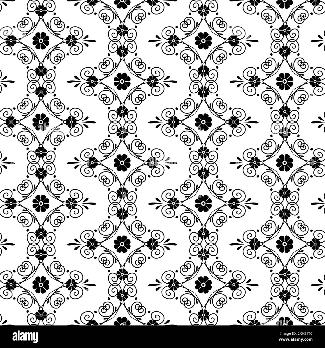 Seamless pattern with black swirls and small flowers on white ...