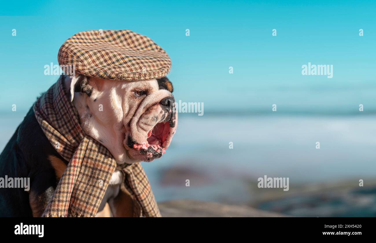 Black tri-color English British Bulldog Dog out for a walk and shouting ...
