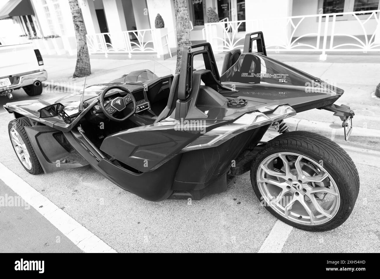 Slingshot Rear View Camera Miami Beach, Florida USA - April 15, 2021: red polaris slingshot sl ...