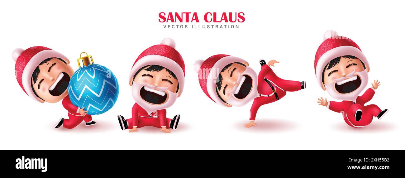 Christmas santa claus characters set vector design. Santa kids in sitting, crawling, funny and waving pose in white isolated background. Vector Stock Vector