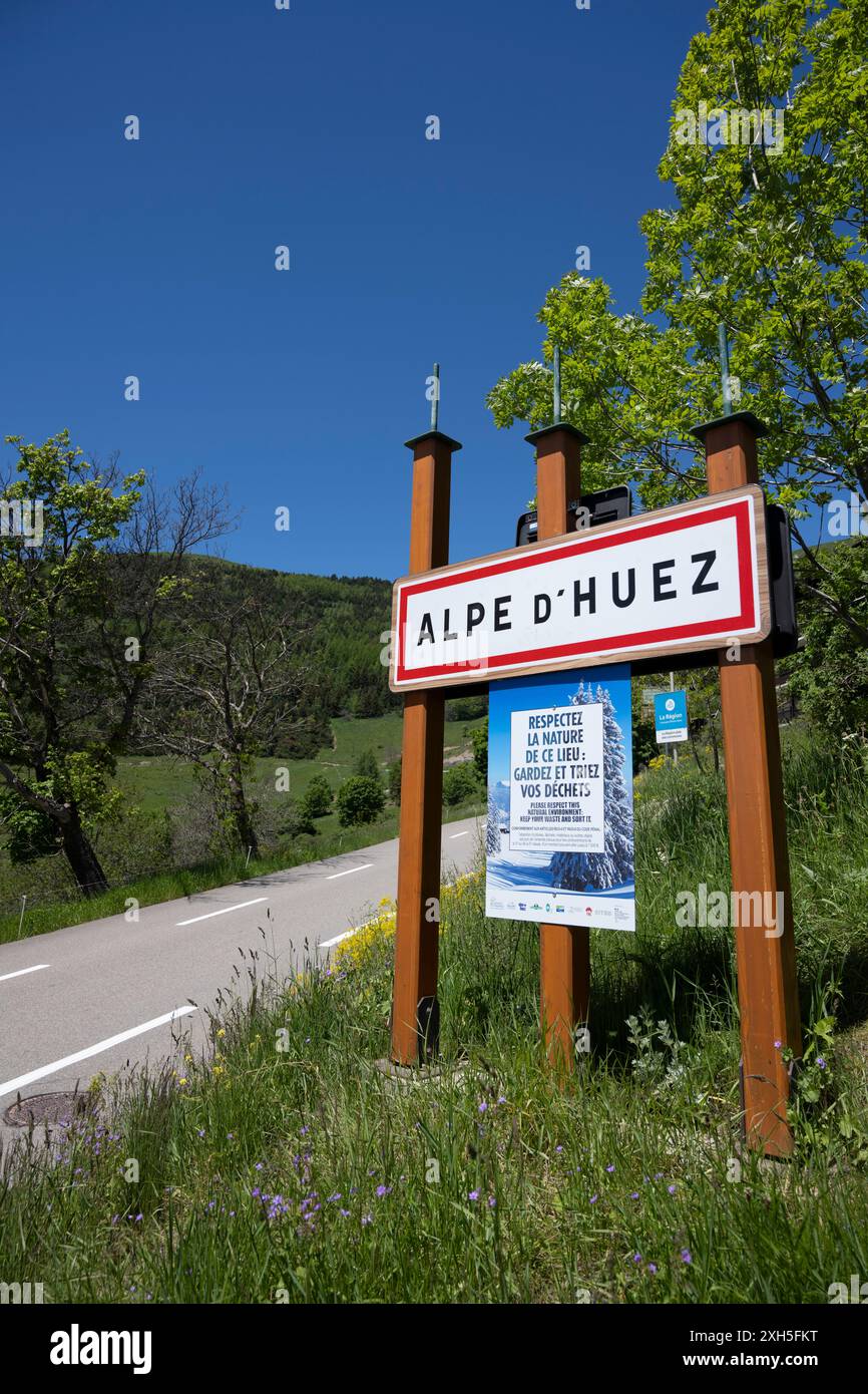 Entry sign to the community of Alpe d'Huez, French Alps Stock Photo - Alamy