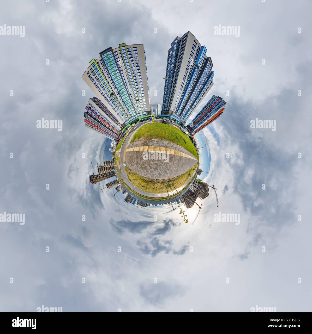 abstract swirling tiny planet spherical panorama of multi-storey ...