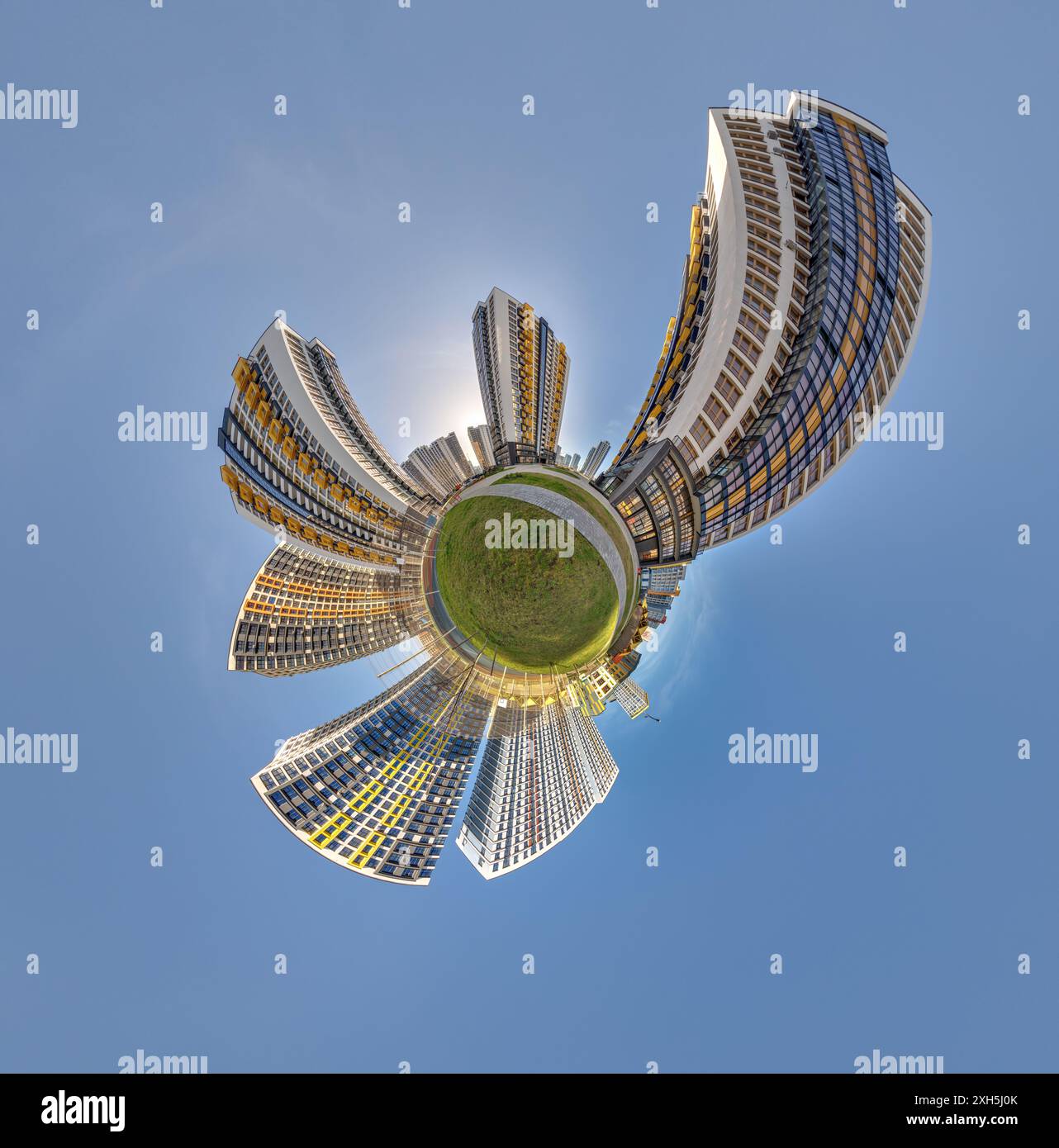 abstract swirling tiny planet spherical panorama of multi-storey ...