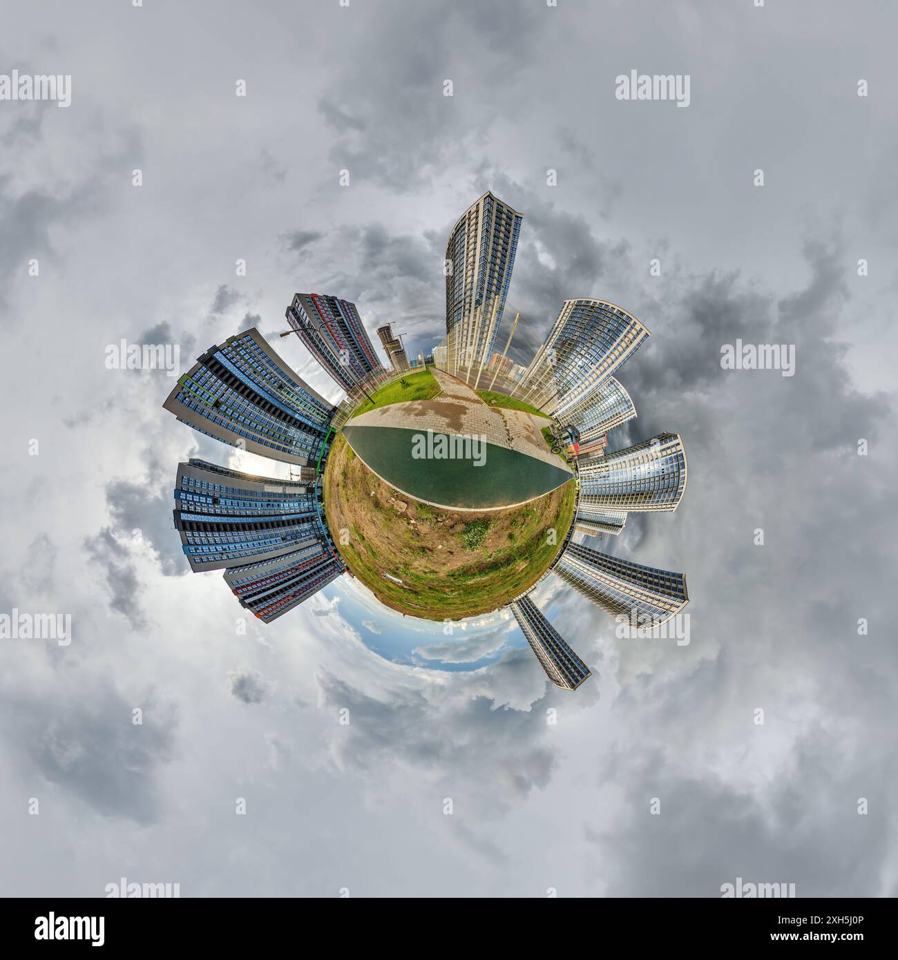 abstract swirling tiny planet spherical panorama of multi-storey ...