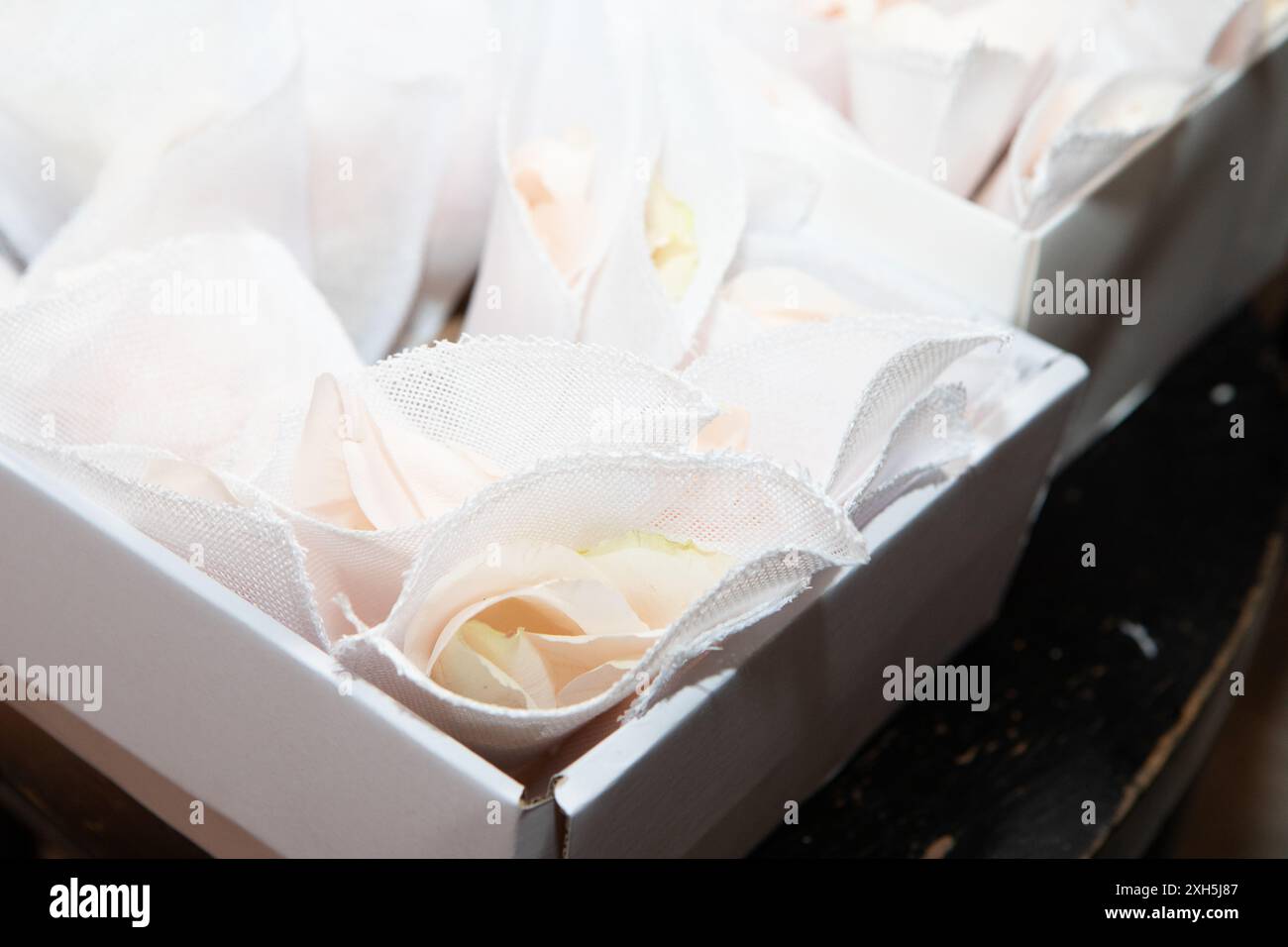 Delicate white rose petals wrapped in white fabric are displayed in ...