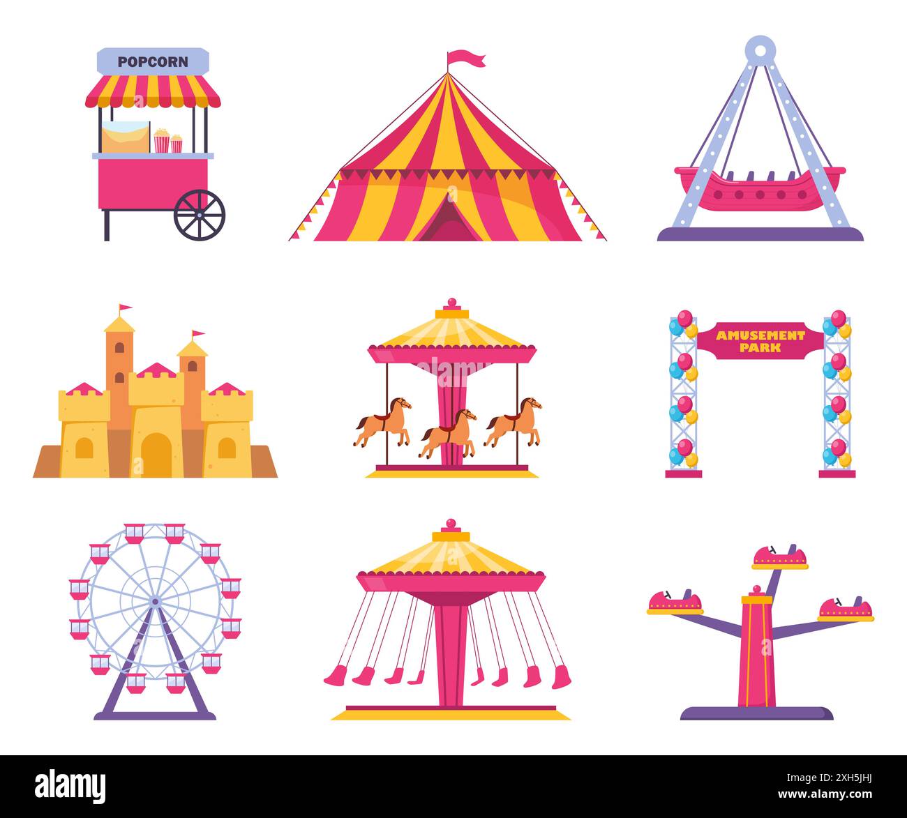 Amusement park icons. Vector carnival circus tent, ferris wheel, roller coaster, carousel and popcorn booth, tickets box, balloon. Vector Stock Vector