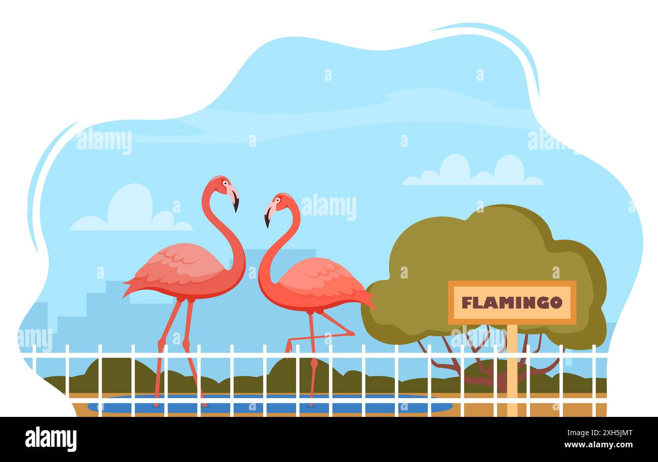 Flamingo on territory of wildlife zoo park surrounded by fence. Vector ...