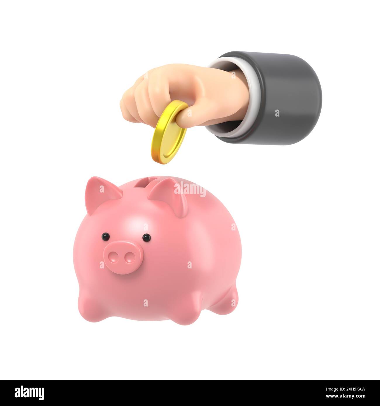 Cartoon Gesture Icon Mockup.3d illustration saving money in piggy bank, 3D rendering on white background. Stock Photo