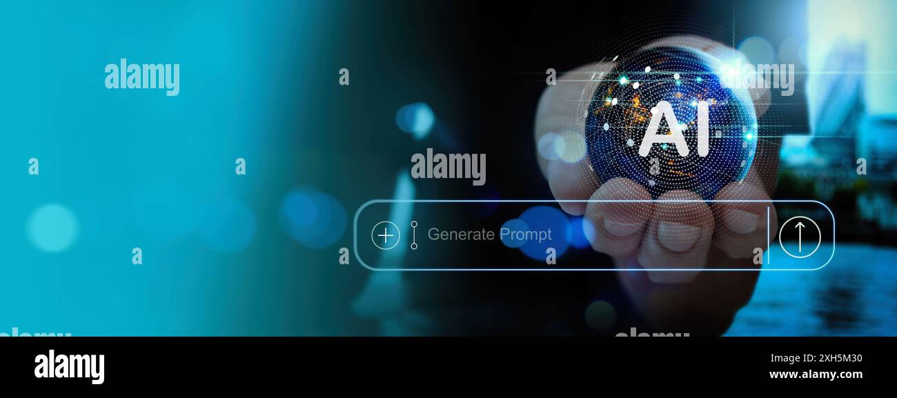 AI Technology Concept with Hand Holding Digital Globe Stock Photo