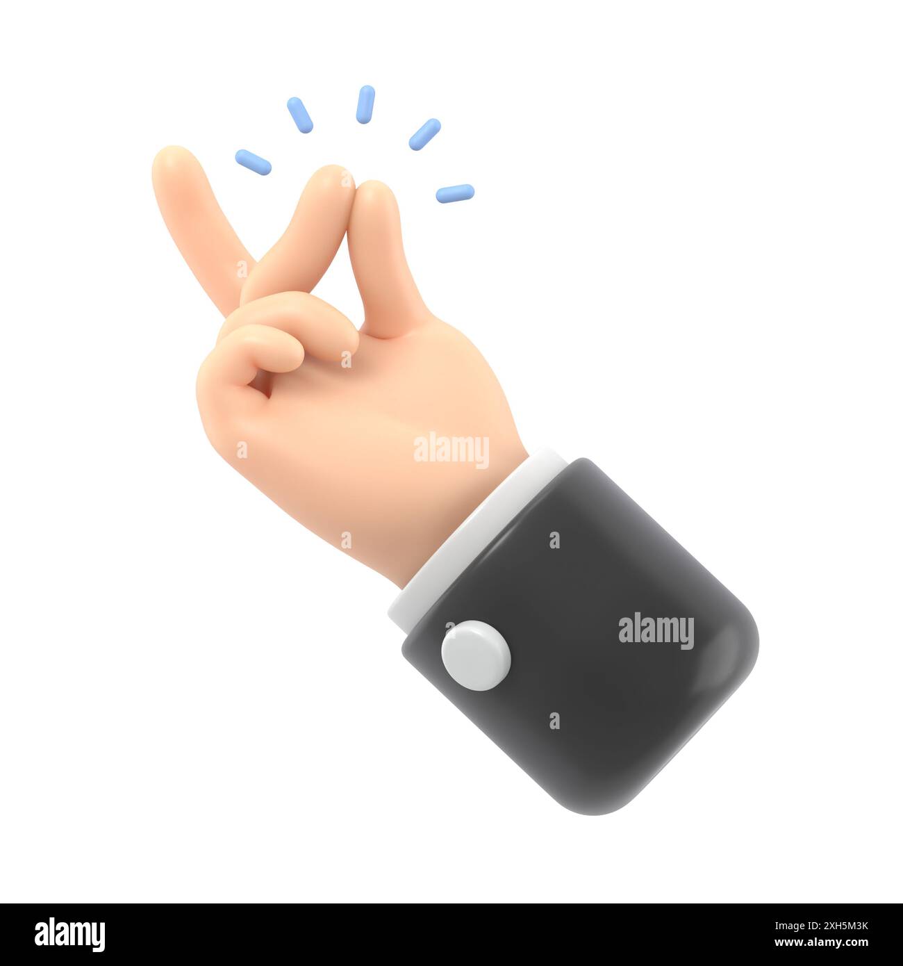 Cartoon Gesture Icon Mockup.Cartoon hand with dark blue sleeves showing snap gesture with a gold sound, light skin tone, 3D rendering on white backgro Stock Photo