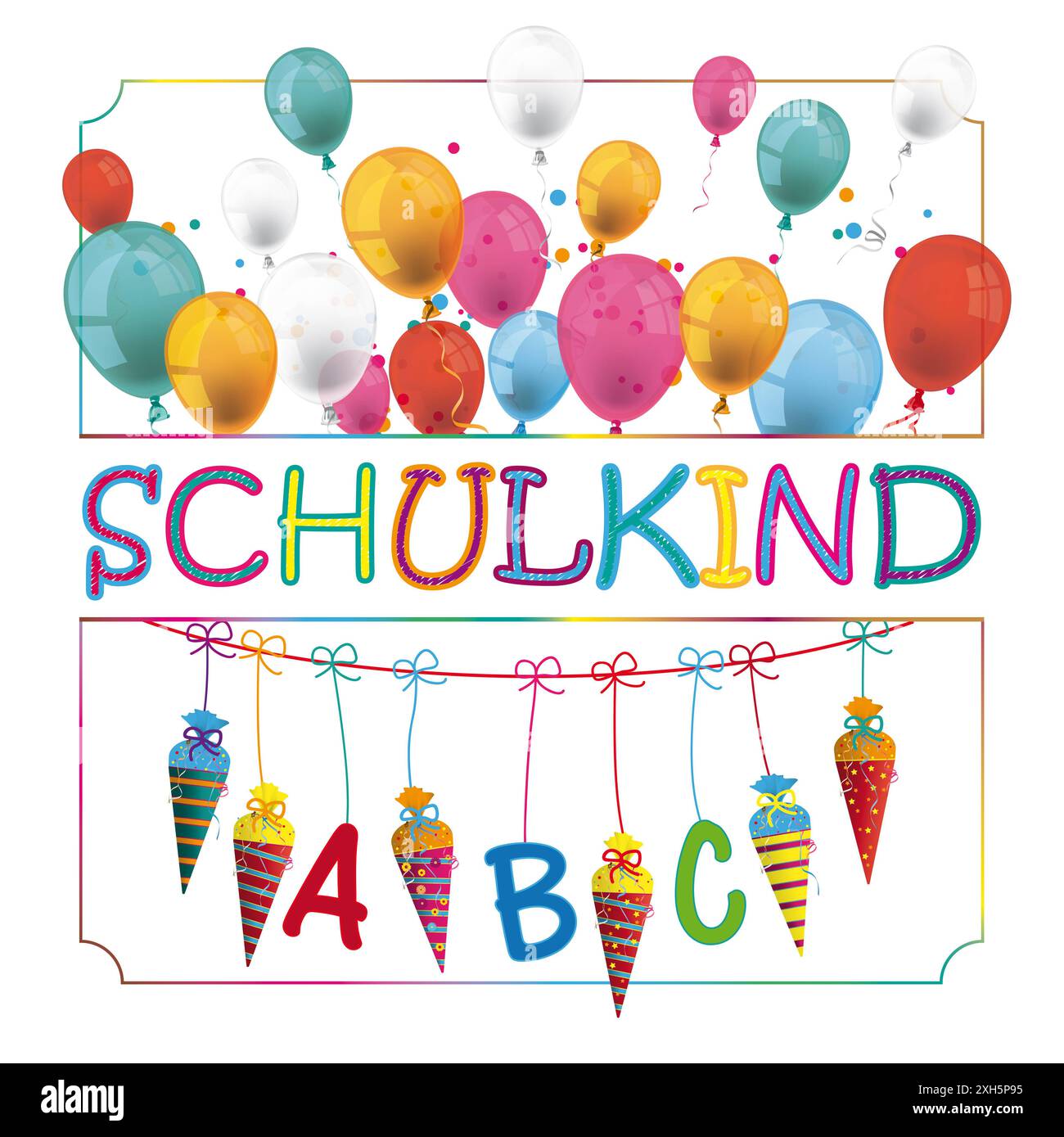 Schulkind New Candy Cones Banner Balloons German text Schulkind, translate Schoolkid. Stock Photo