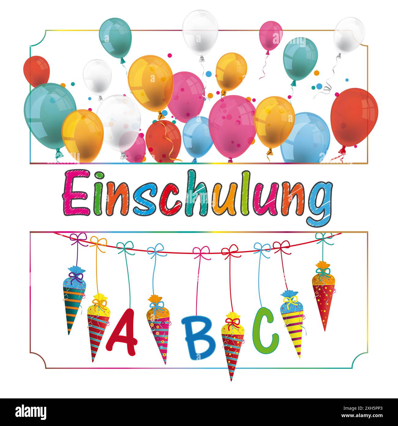 Einschulung New Candy Cones Banner Balloons German text Einschulung, translate Enrollment. Stock Photo