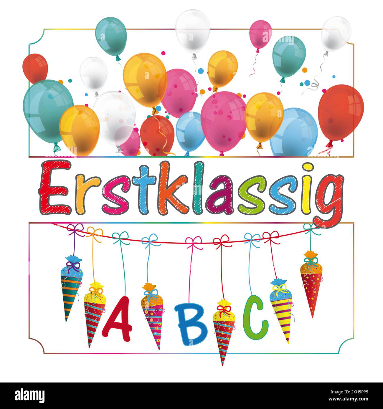 Erstklassig New Candy Cones Banner Balloons German text Erstklassig, translate First Grade. Stock Photo