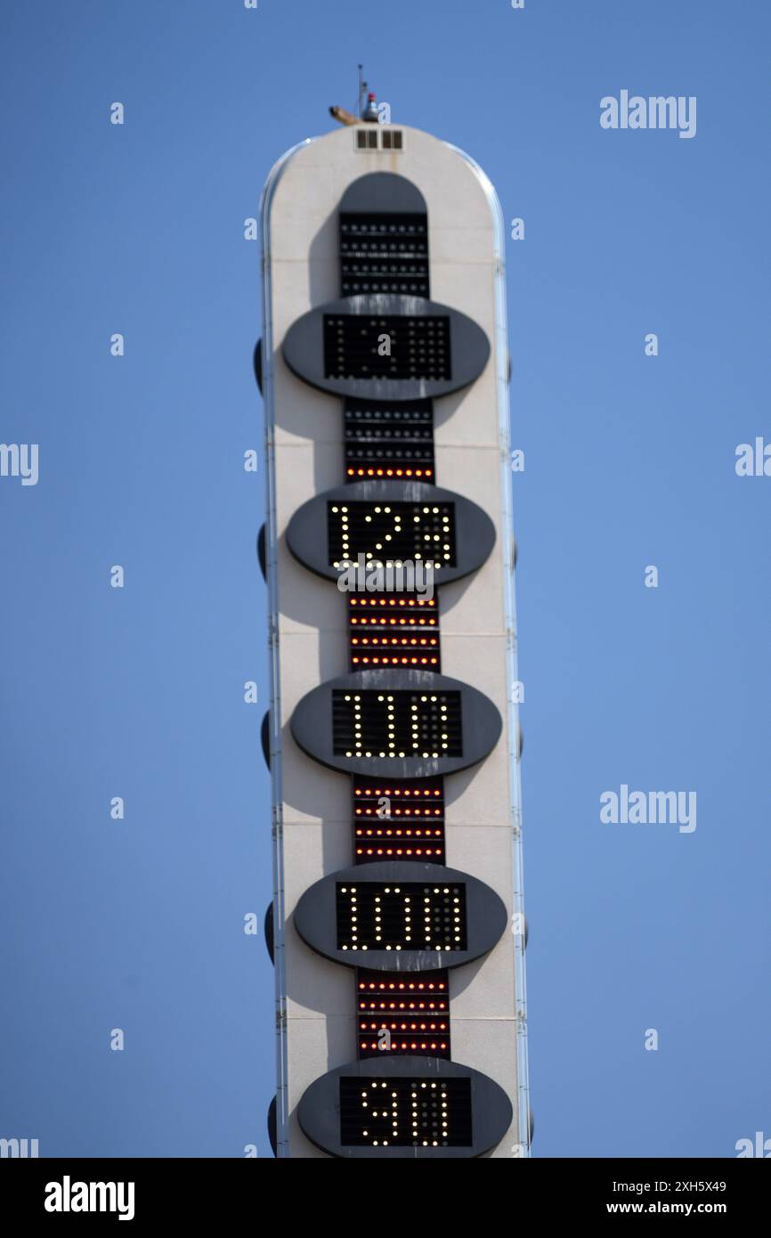 The World's Tallest Thermometer reads 123 degrees, Thursday, July 11, 2024, in Baker, Calif. Stock Photo