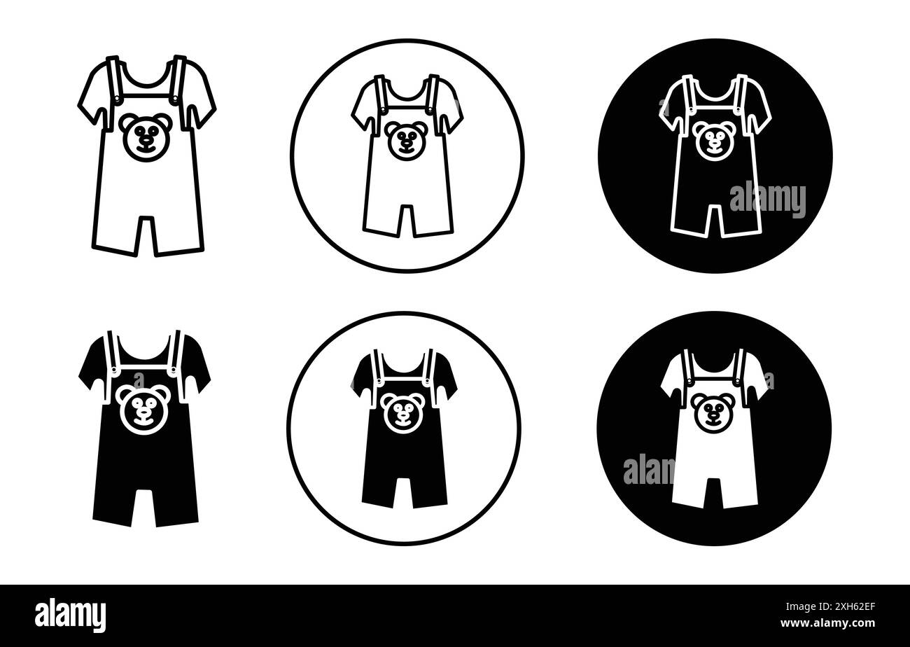 Baby overalls icon Vector symbol or sign set collection in black and white outline Stock Vector
