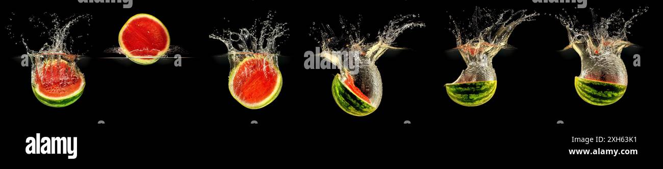 Fresh melon falling in water with splash on black background. Stock Photo