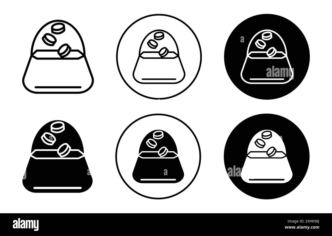 purse and coins icon Vector symbol or sign set collection in black and white outline Stock Vector