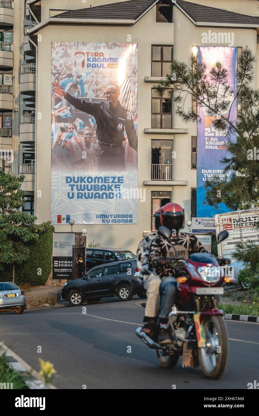 Kigali. 11th July, 2024. This photo taken on July 11, 2024 shows an election poster for incumbent President Paul Kagame in Kigali, Rwanda. A total of 9.7 million people are eligible to vote in July presidential and legislative elections across Rwanda's 30 districts and the diaspora. Credit: Wang Guansen/Xinhua/Alamy Live News Stock Photo