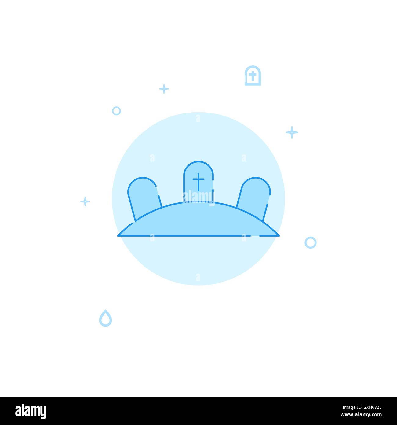 Three graves, family burial icon. Flat illustration. Filled line style. Blue monochrome design. Stock Photo