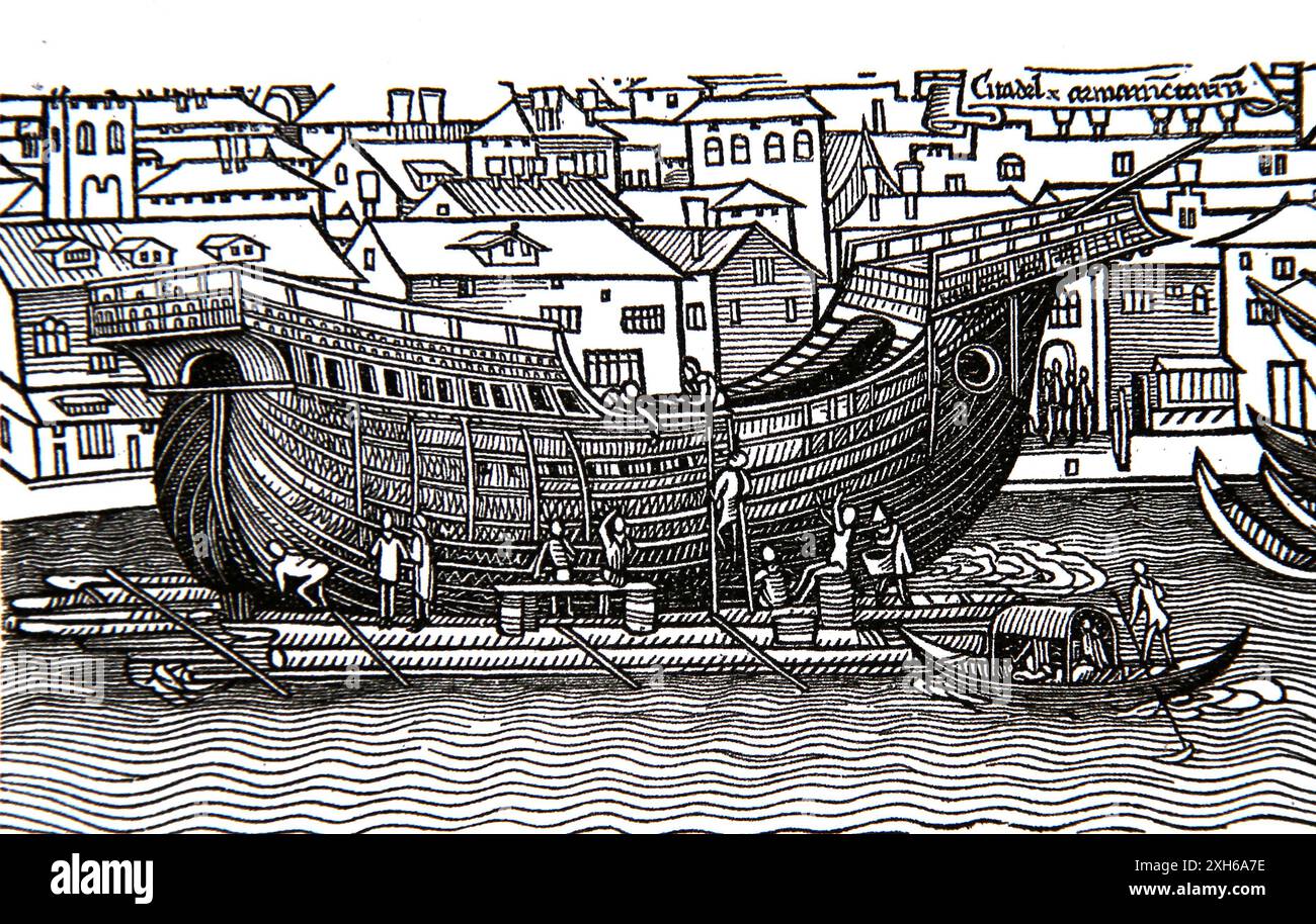 Ship hull on dry dock. Modern period. 15th century. Europe. Engraving, 19th century. Stock Photo