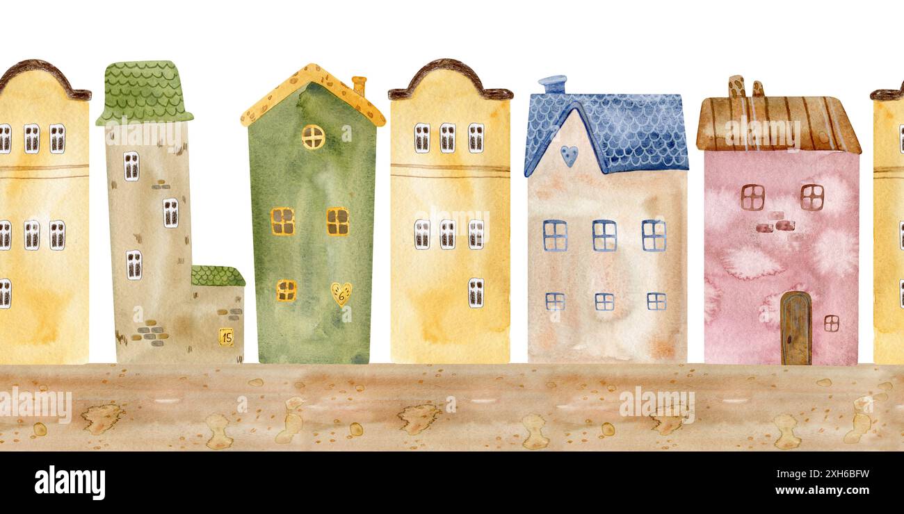 Architectural seamless border pattern on a white background. Cute watercolor buildings and trees. Panorama of fairytale houses, old town streets Stock Photo