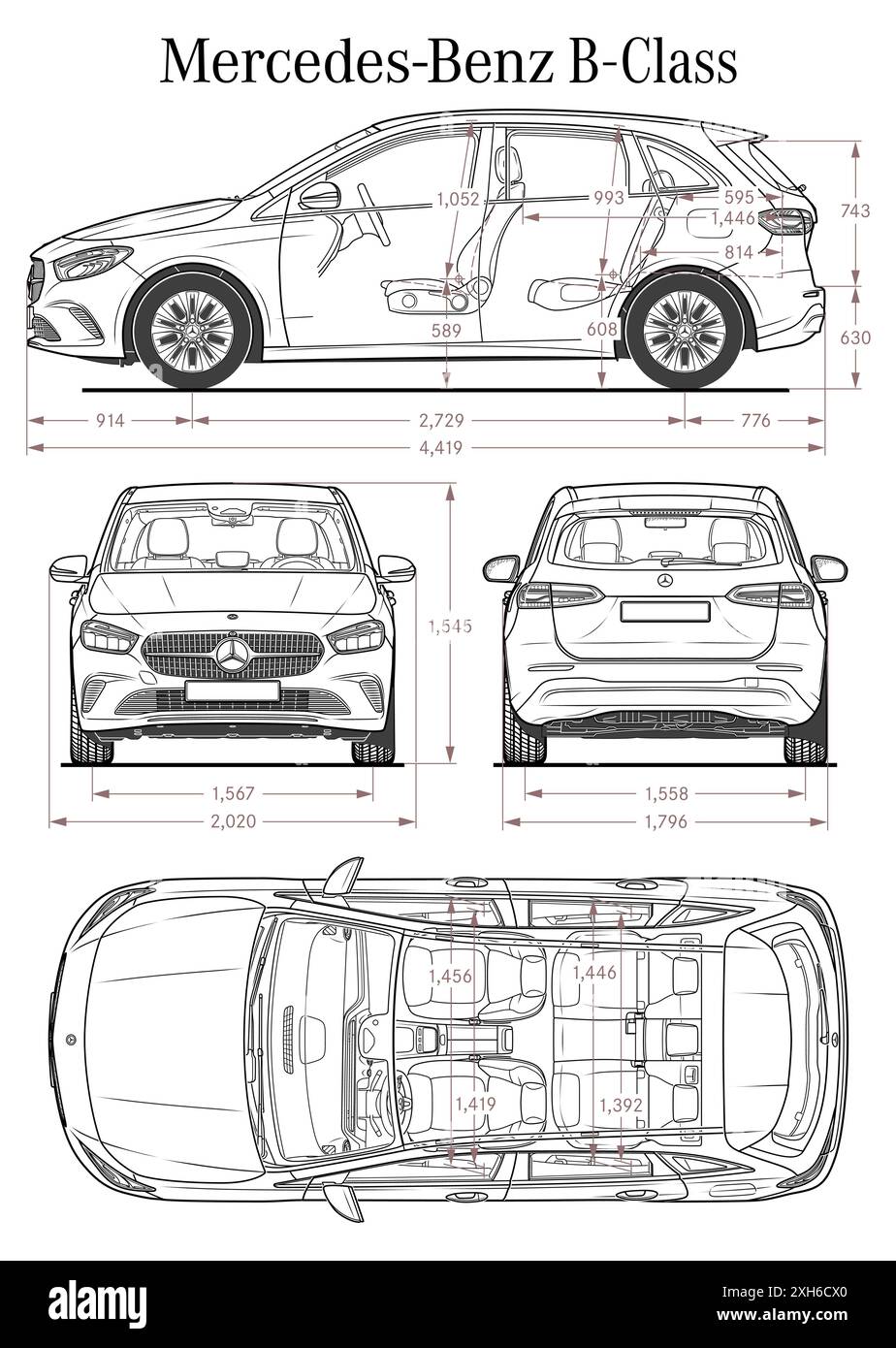 Mercedes Benz Class B 2023 car blueprint Stock Vector