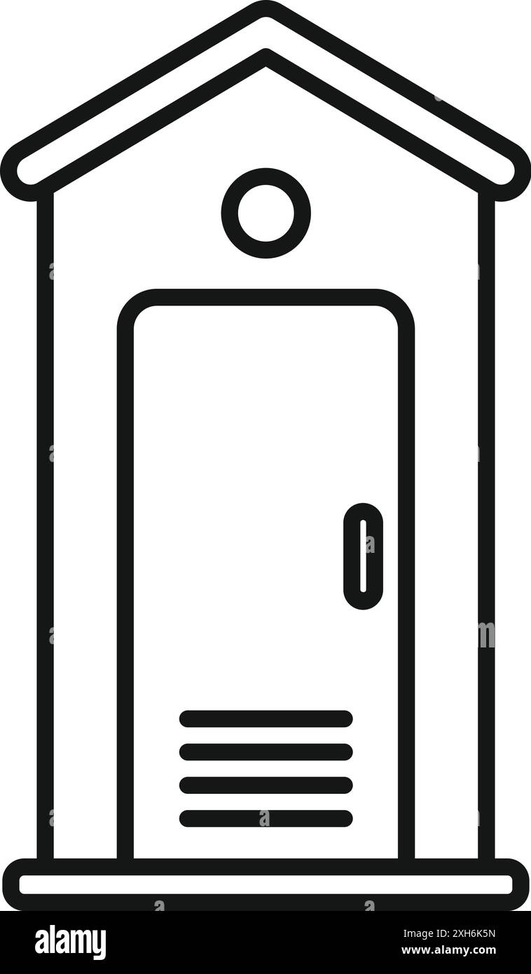 Simple black and white line drawing of a public toilet building with a closed door Stock Vector