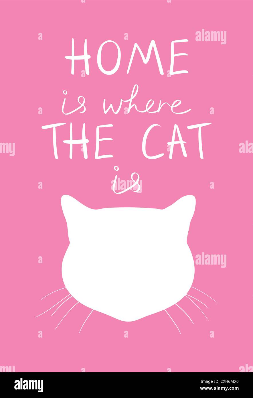 Home is where the cat is quote with cat head silhouette on pink