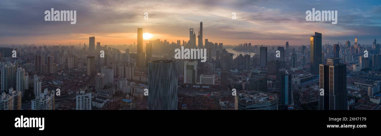 Shanghai Skyline at Sunrise. Panoramic Aerial View Stock Photo - Alamy