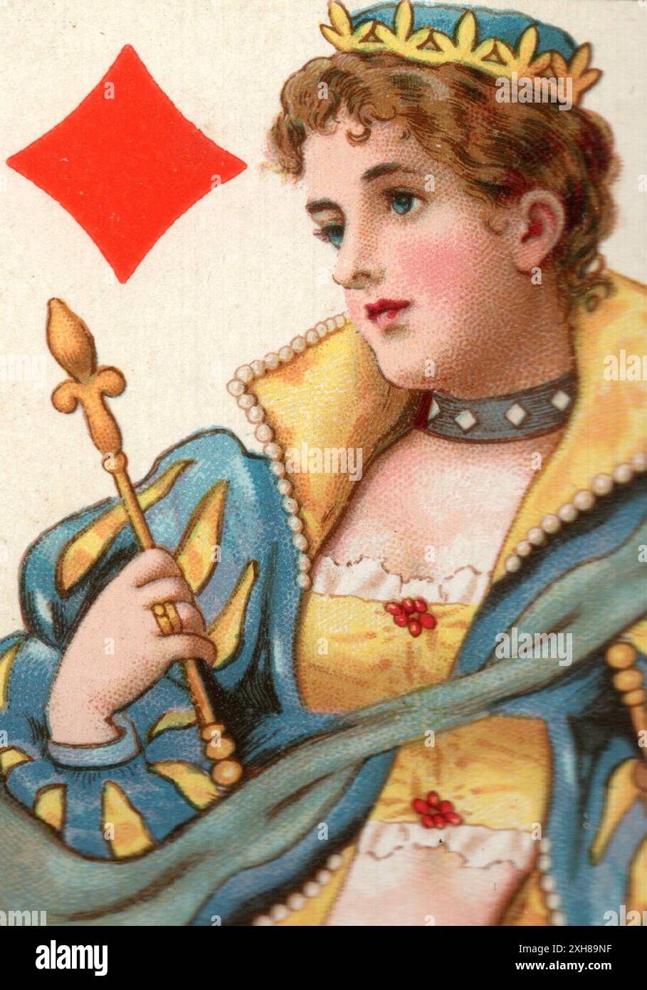 Close up of an antique playing card showing the queen of diamonds Stock ...