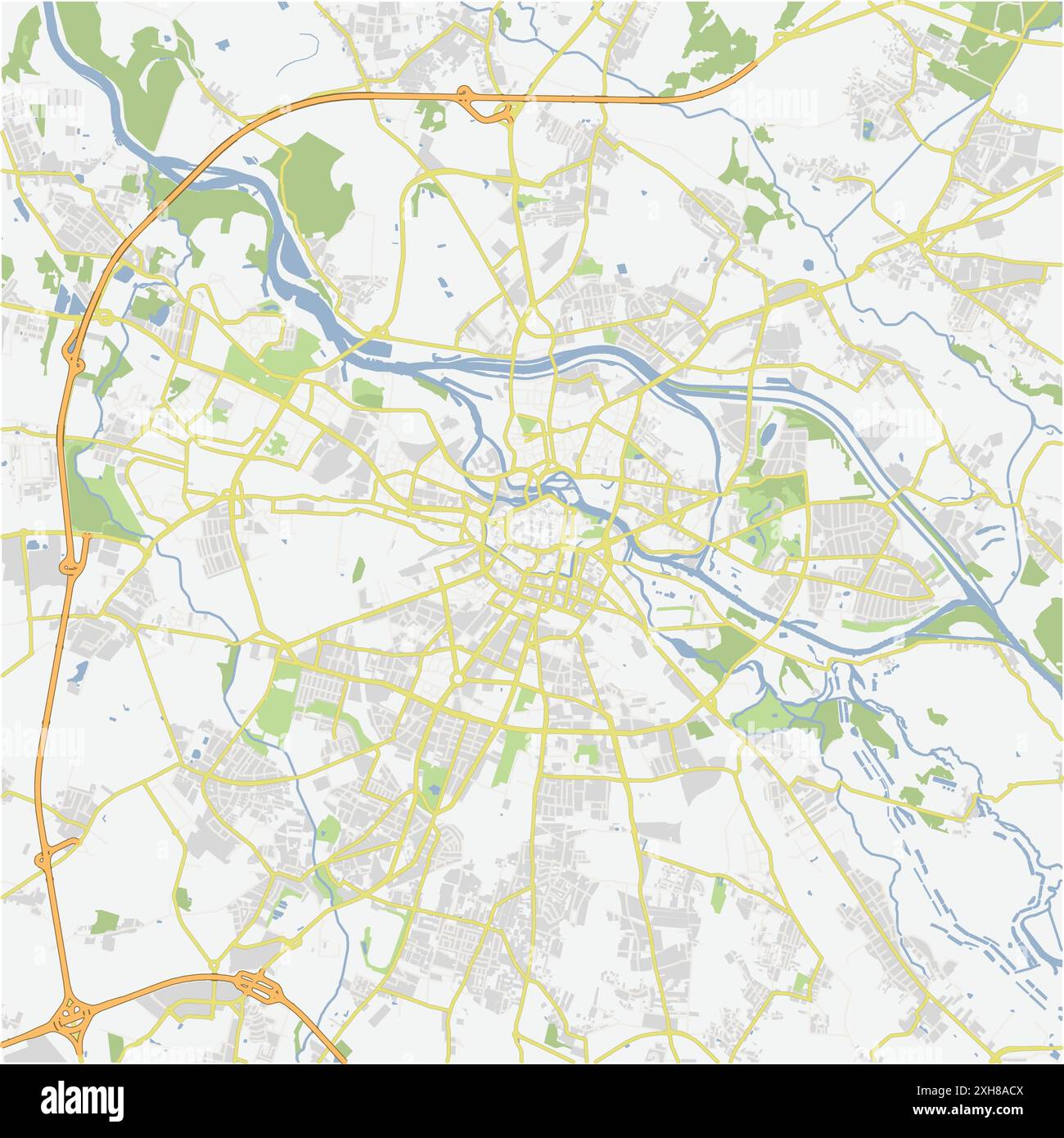 Road map of Wroclaw in Poland. Contains layered vector with roads water, parks, etc Stock Vector