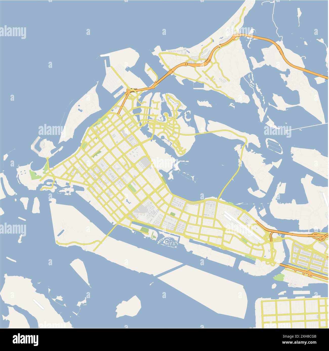 Road map of Abu Dhabi in United Arab Emirates. Contains layered vector with roads water, parks, etc. Stock Vector