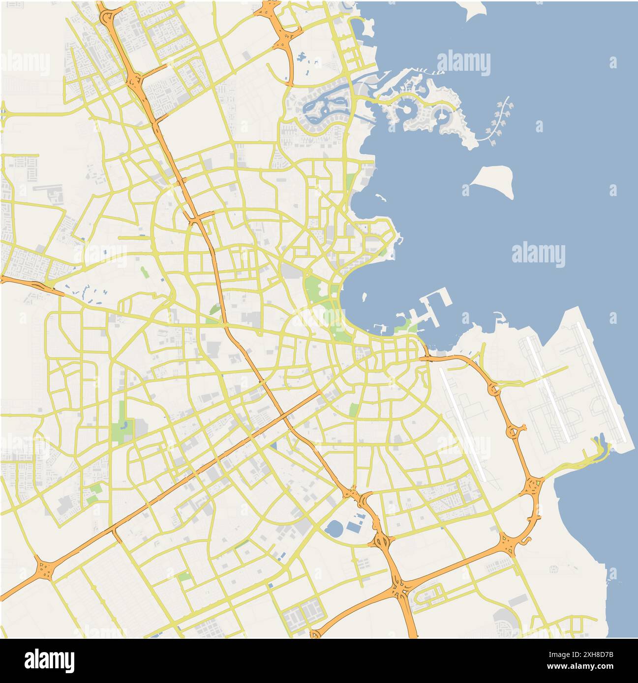 Road map of Doha in Qatar. Contains layered vector with roads water, parks, etc. Stock Vector