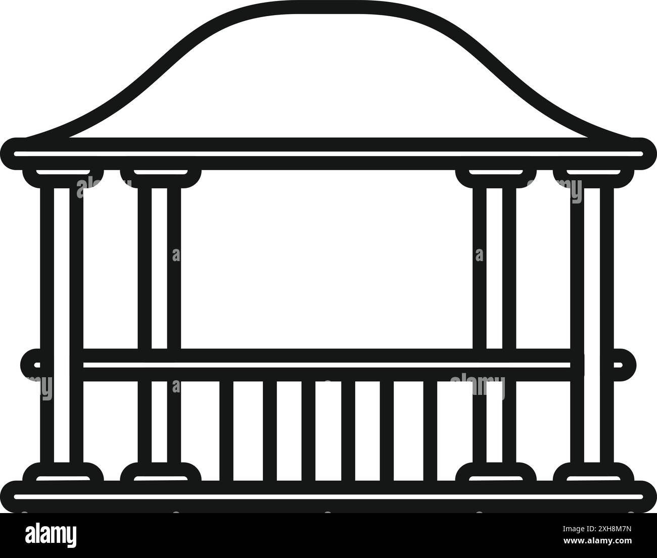 Simple black and white icon of a gazebo with wooden railing and curved ...