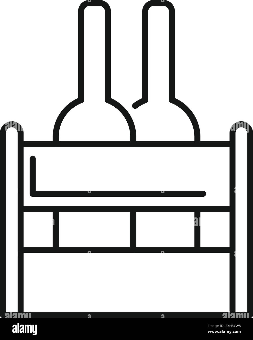 Line icon of two wine bottles standing in a wooden crate, ready for shipping or storage Stock Vector