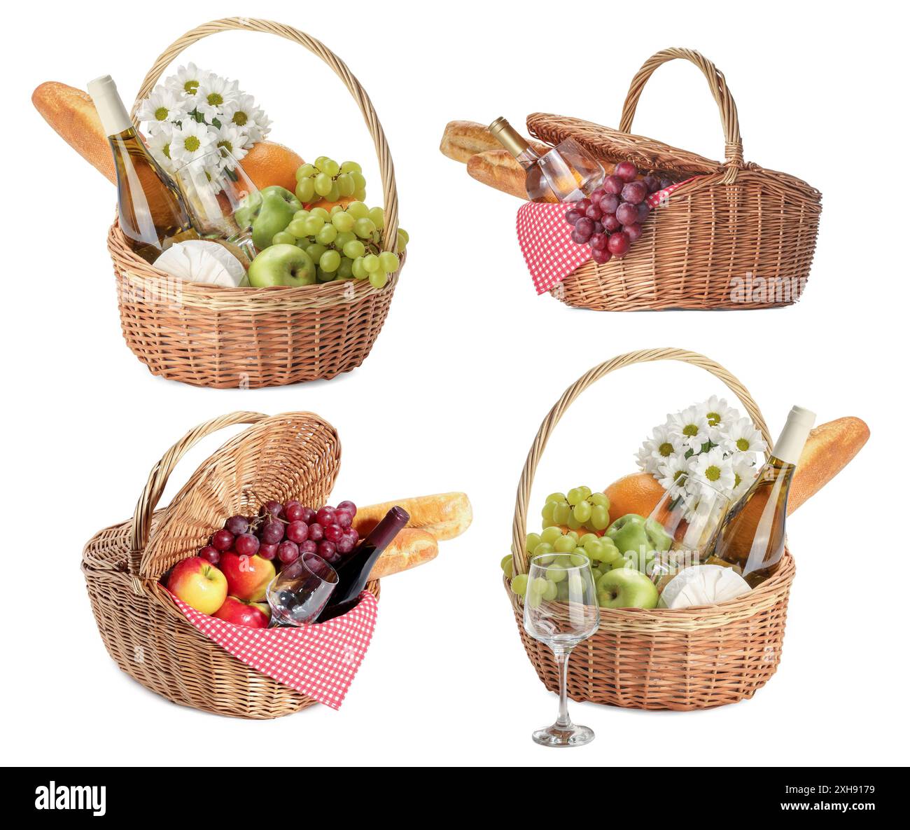 Wicker rattan baskets with picnic foods isolated on white, set Stock ...