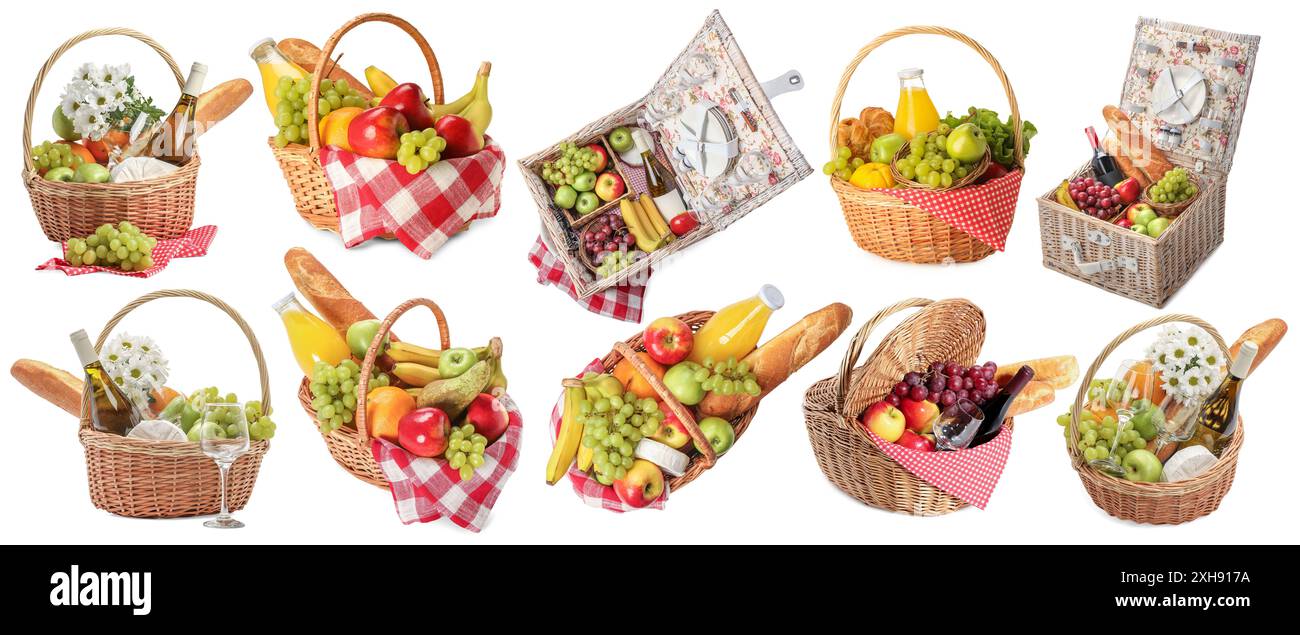 Wicker rattan baskets with picnic foods isolated on white, set Stock ...