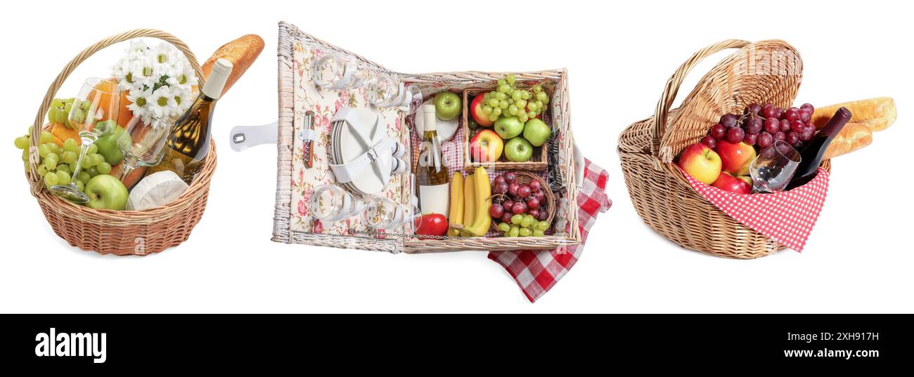 Wicker rattan baskets with picnic foods isolated on white, set Stock ...