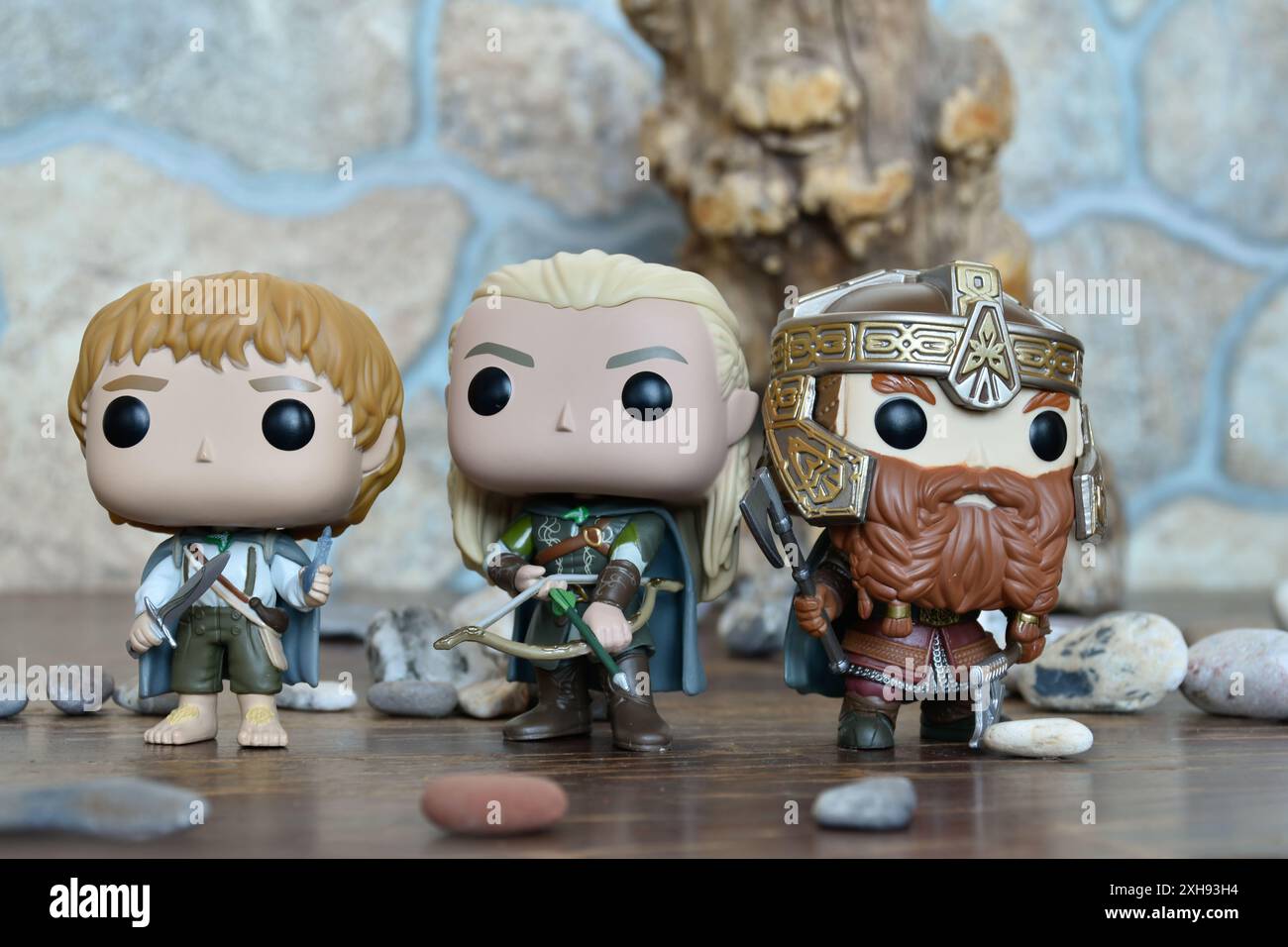 Funko Pop action figures of hobbit Sam, elf Legolas and dwarf Gimli from fantasy movie The Lord of the Rings. Warriors, Fellowship of the Ring. Stock Photo