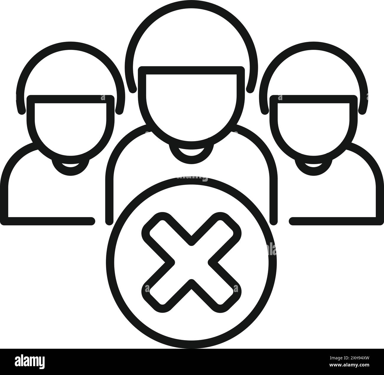 Line art icon of a group of people getting canceled with a big red cross symbol Stock Vector