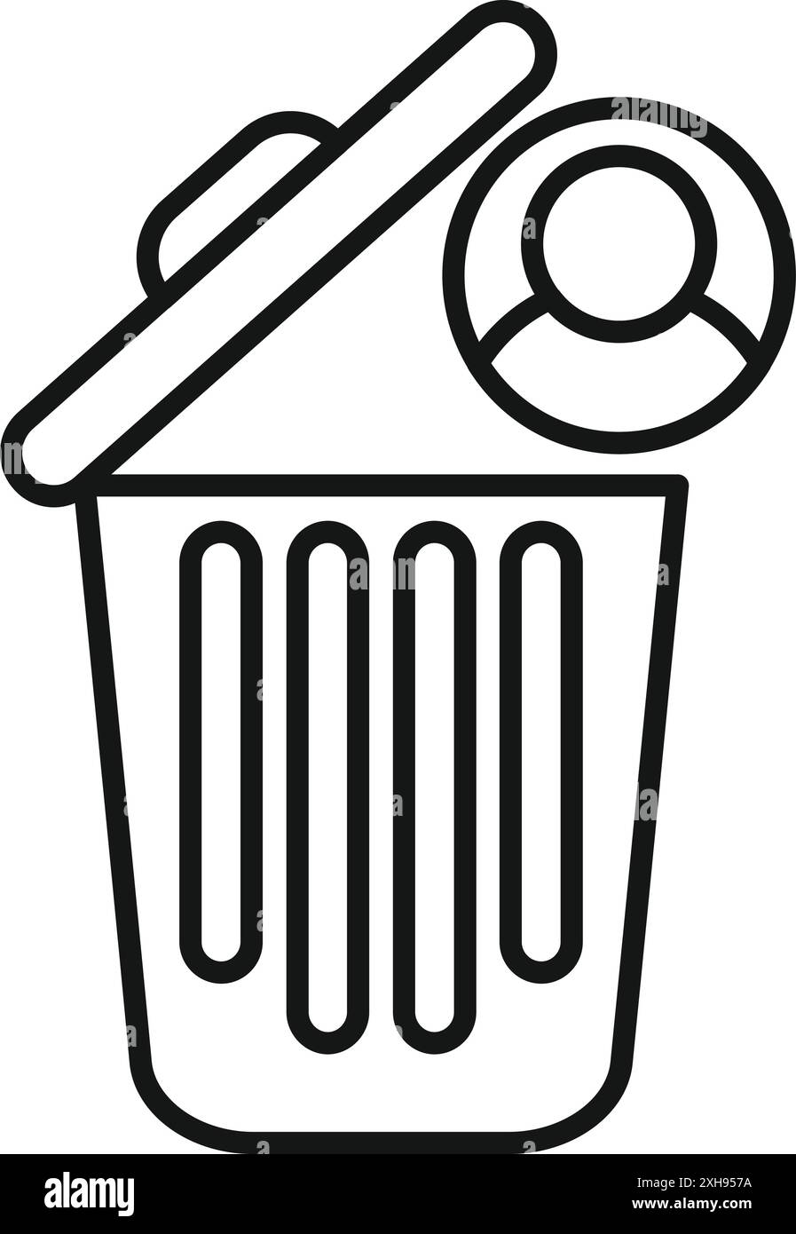 Line art icon of an account being deleted from a trash can, symbolizing data removal Stock Vector
