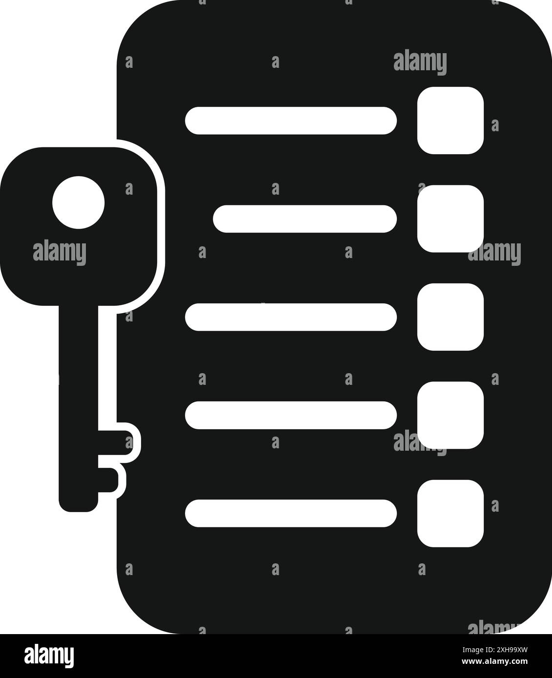 Black and white icon of a key unlocking a padlock on a checklist, representing data security and encryption Stock Vector