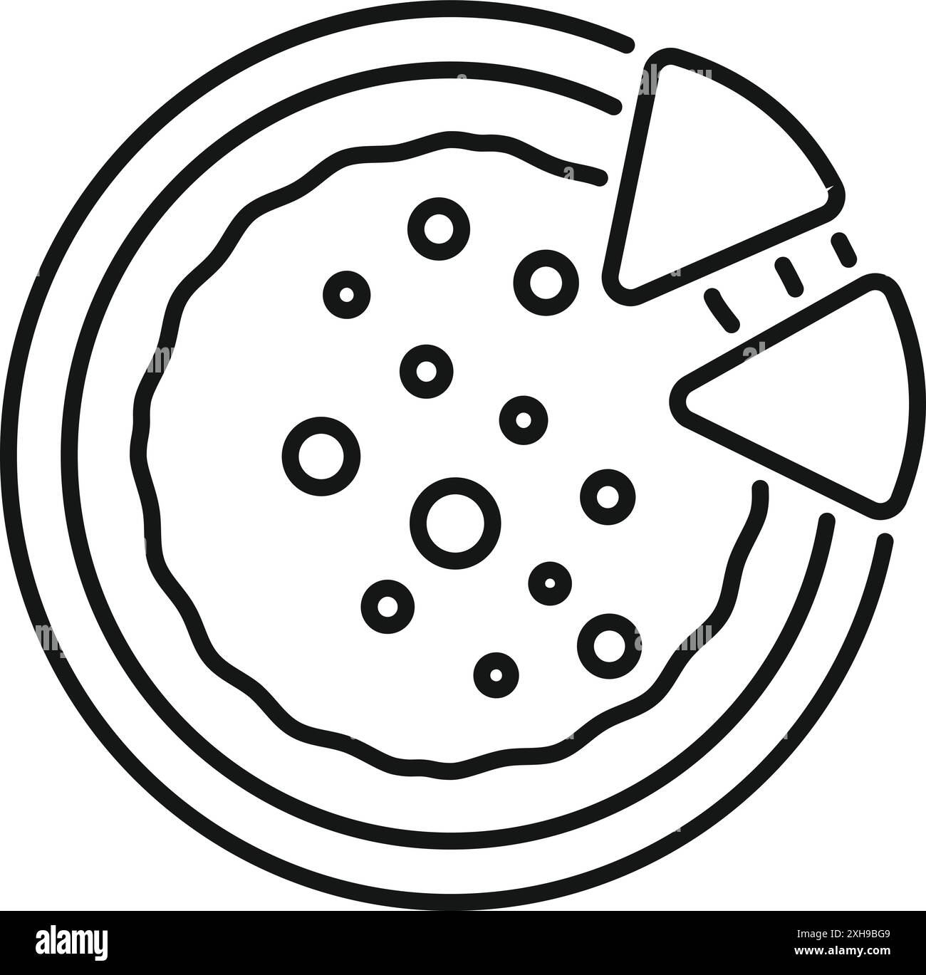 Minimalist lineart icon of a pizza with two slices being taken out from above Stock Vector