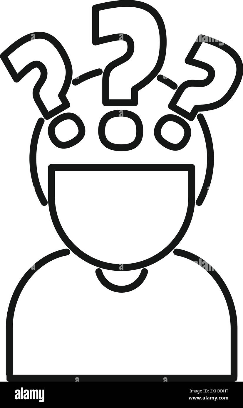 Line drawing of a person with question marks over their head ...