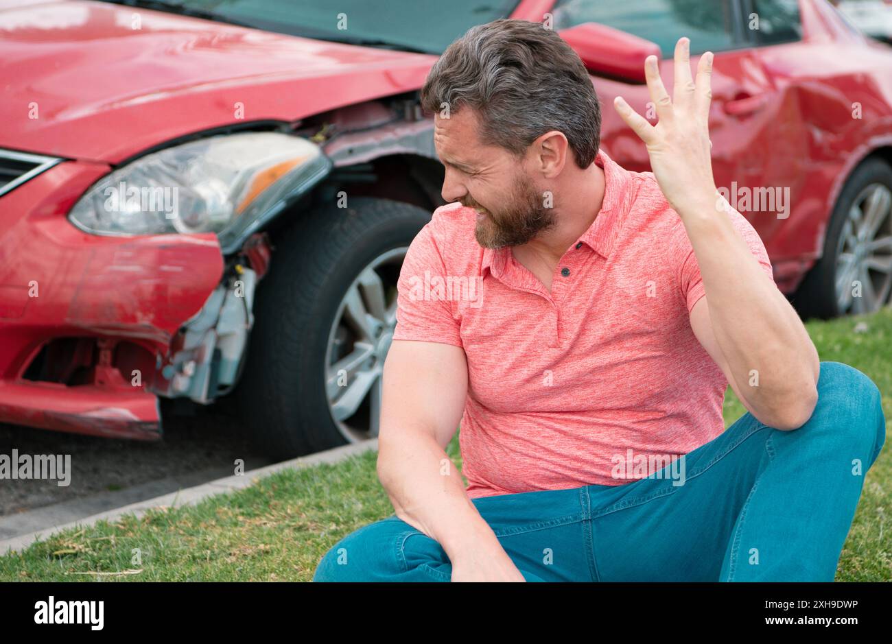 Car crash accident on street. Upset driver after traffic accident Stock ...