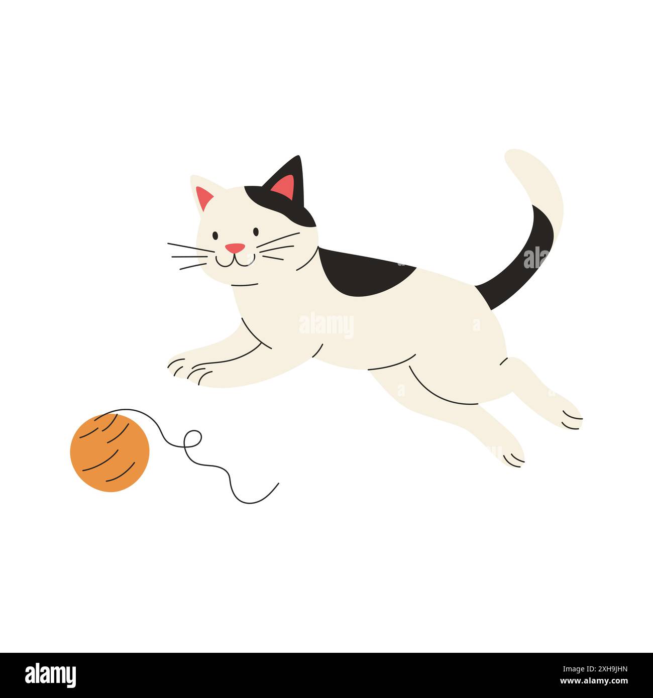 Vector Flat Jumping and Playing Black and White Cat with a Ball of Thread. Cartoon Cat. Cute and Funny Cat in Side View Stock Vector