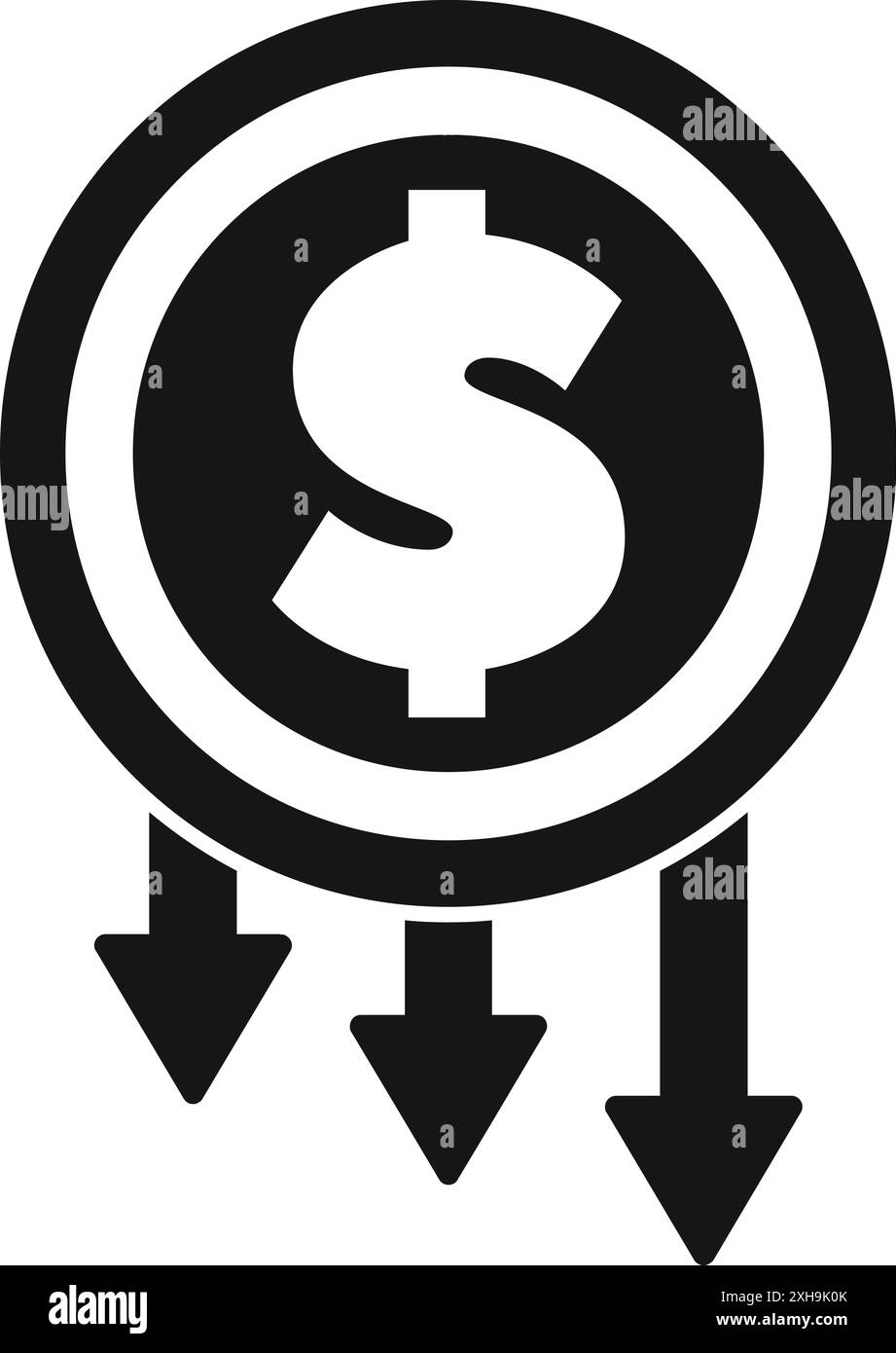 Black and white icon of a dollar coin with three arrows pointing down, illustrating a decrease in value Stock Vector