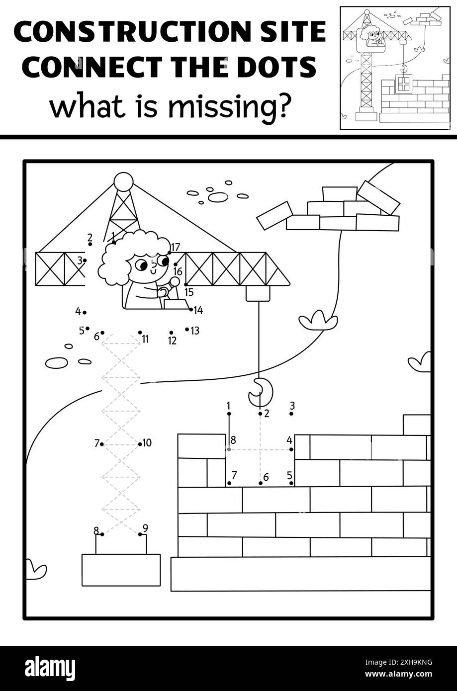 Vector black and white dot-to-dot and color activity with lifting crane, construction site scene. Building works connect the dots game with industrial Stock Vector