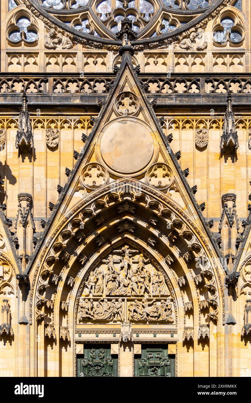 A close-up view of Saint Vitus Cathedrals ornate Gothic facade ...